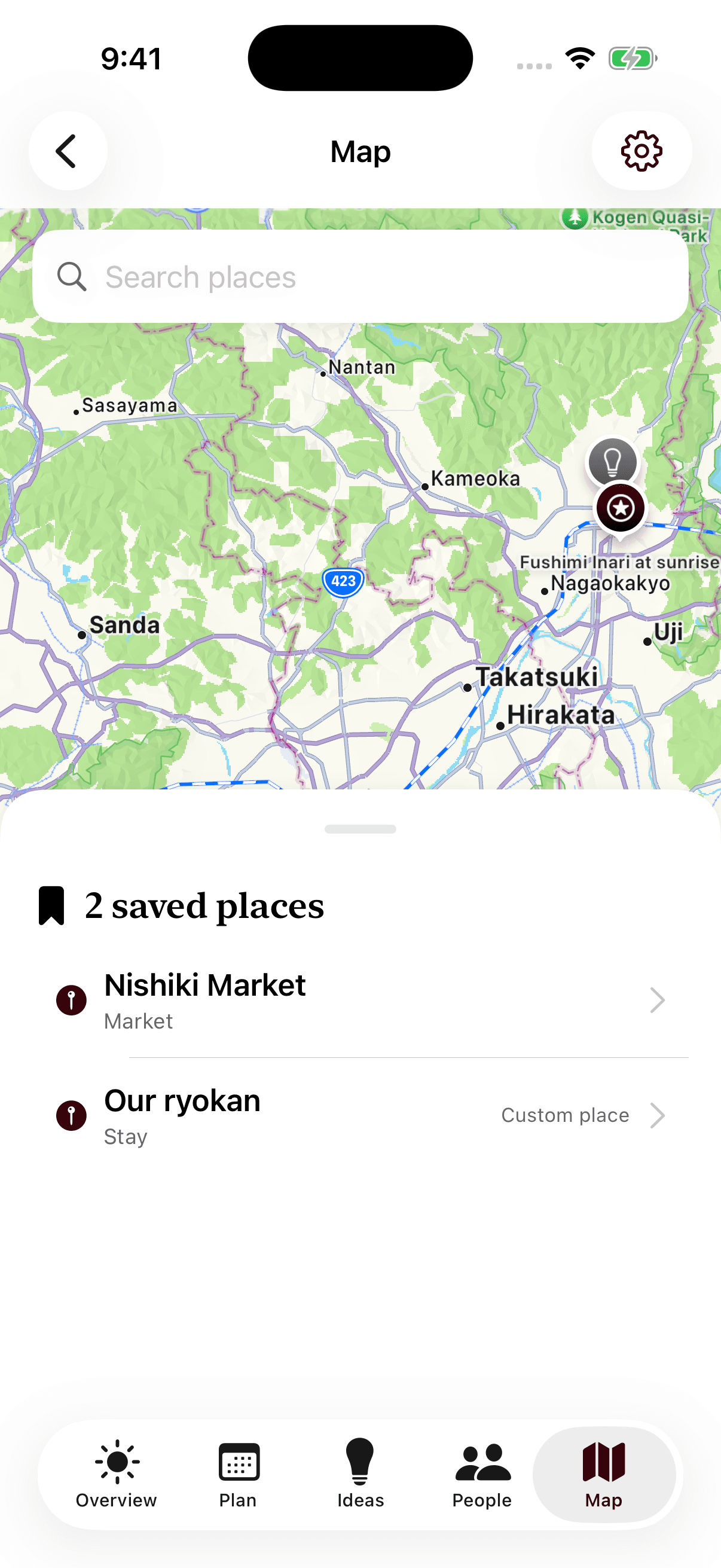Wevro map screen with saved trip places