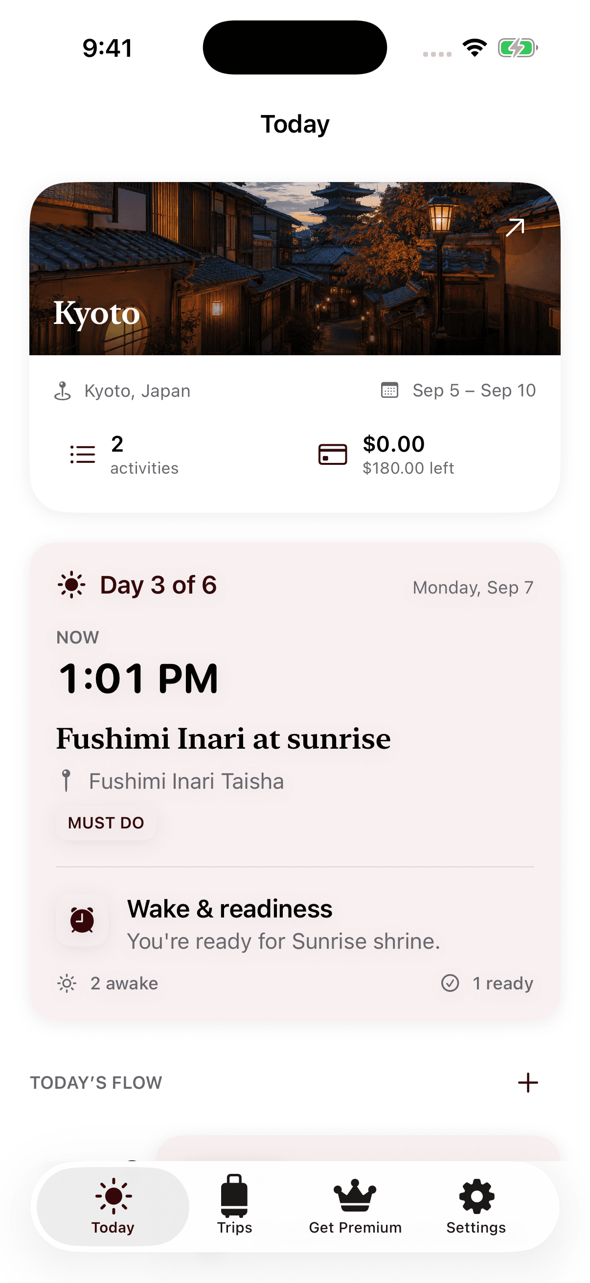 Wevro Today screen showing a trip countdown and next activity