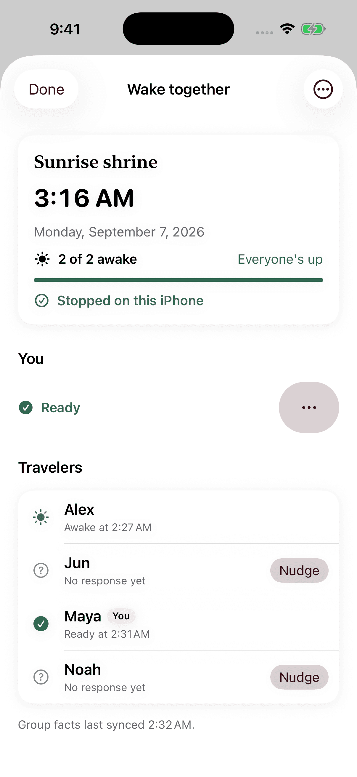 Wevro Wake Together screen with group wake-up status