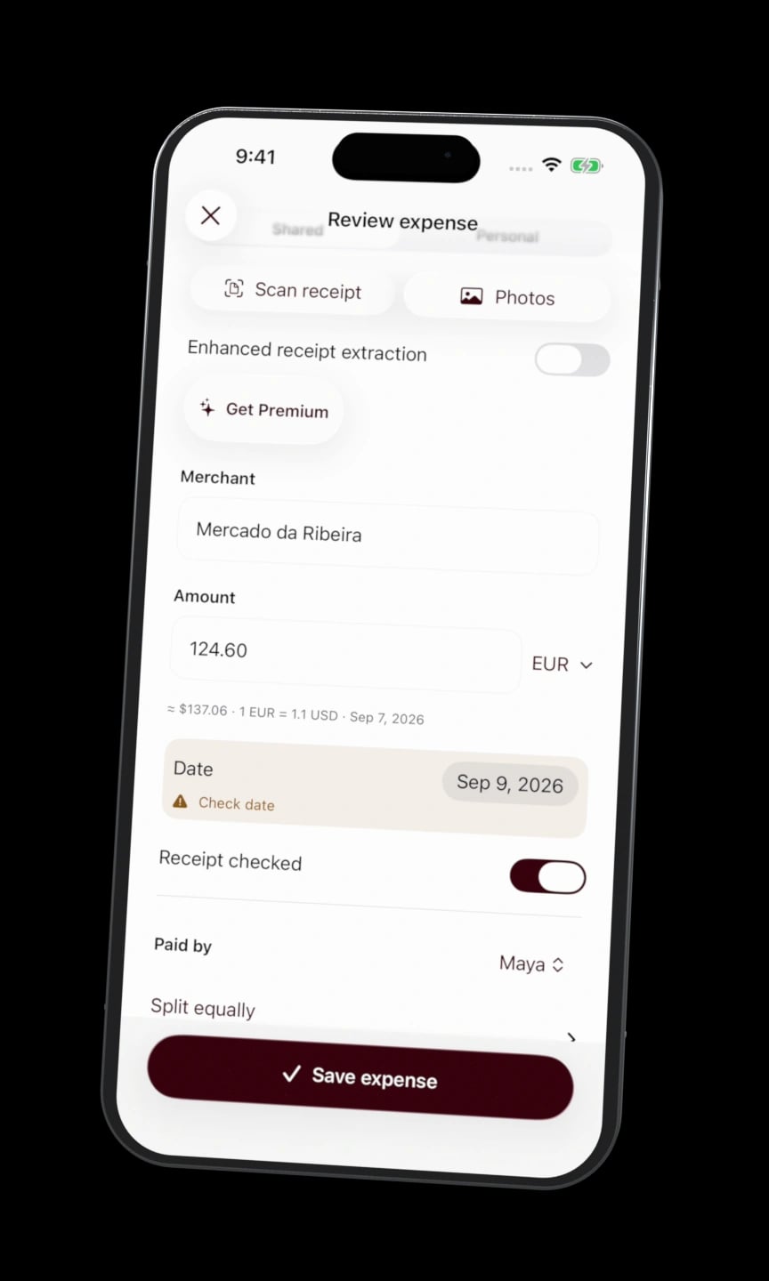 A sample receipt is reviewed with an equal split among four travelers.